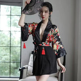 Japanese Kimono Costume Floral Robe Deep V Semi Sheer Lingerie