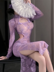 Purple Floral Lace Slit Cheongsam
