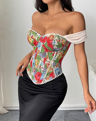 Retro Jacquard Palace Style Wrapped Chest Herringbone Top