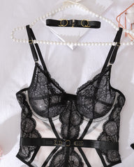 Metal Buckle Decorated Lace See-through Lingerie Set
