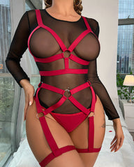 Bondage PU Strap Bra One-piece Suit