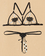 Women's Three-point Hollow Pearl Massage Underwear Set