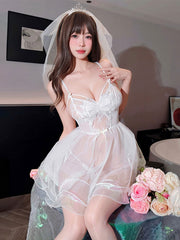 White Bride Babydoll Dress with Veil