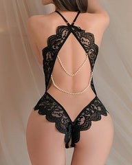 Lace Open Crotch Tights Pearl Backless Pajamas With Heart Decoration Leg Socks