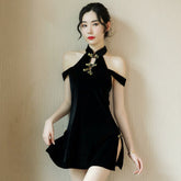 Chinese Mini Dress Black Cold Shoulder Side Slit Dress