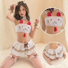 Cute Bunny Costume Cat Print Crop Top and Skirt Set Japanese Anime Lingerie