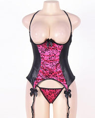 Cutout Bust Halter Neck Colorblock Leather Lingerie Set