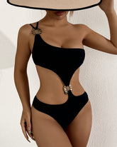 One-shoulder Solid Color One-piece Swimsuit and Cover-up Set