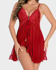 Lace Mesh See-Through Nightgown with Matching Thong