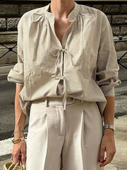 Striped V-Neck Casual Shirt With Tie Detail
