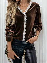 Lace-Trimmed V-Neck Velvet Shirt For Women