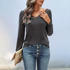 Solid-Color Lace V-Neck Long-Sleeve T-Shirt