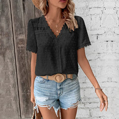 Women's Solid-Color V-Neck Lace-Trimmed Shirt