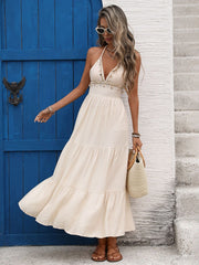 Patchwork Shell-Lace Halter-Neck Backless Dress