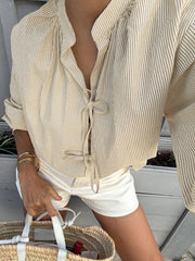 Striped V-Neck Casual Shirt With Tie Detail