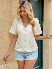 V-Neck Casual Jacquard Lace-Trimmed Cardigan