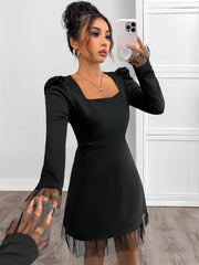Black Tulle-Trimmed Long-Sleeved Dress