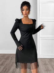 Black Tulle-Trimmed Long-Sleeved Dress