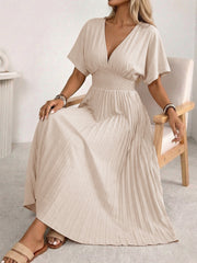 V-Neck Pleated Maxi Dress With Batwing Sleeves