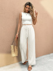 Textured Lace-Panel Straight-Leg Trousers