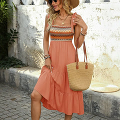 Ethnic Style Knit Patchwork Suspender Maxi Dress