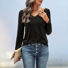Solid-Color Lace V-Neck Long-Sleeve T-Shirt