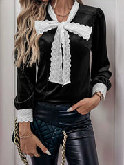 Vintage-Style Lace Bow V-Neck Blouse