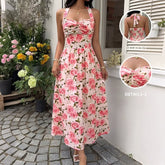 Romantic Pink Rose-Print Halter Maxi Dress