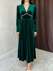 Green Velvet V-Neck Maxi Dress