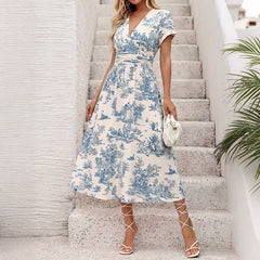 Blue And White Landscape-Print Midi Skirt