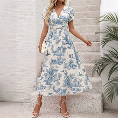Blue And White Landscape-Print Midi Skirt