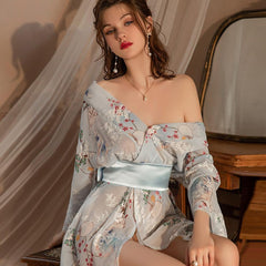Japanese Kimono Lingerie Set Floral Print Kimono Robe Costume for Women Anime Cosplay Asian Loungewear