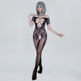 Floral Lace Bodystocking Black Hollow Crotchless Bodysuit