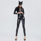 Latex Cat Women Jumpsuit Black Pu Leather Full Body Catsuit Zipper Up Night Club Outfit