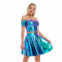 Metallic Skirt Set Girly Holographic Rave Outfits Two Piece Off Shoulder Crop Top and Mini Skirt
