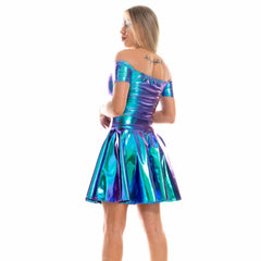 Metallic Skirt Set Girly Holographic Rave Outfits Two Piece Off Shoulder Crop Top and Mini Skirt