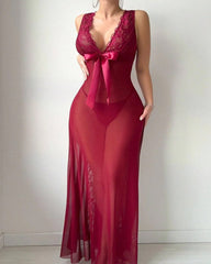 Deep V-neck High Slit Lace See-through Long Nightgown