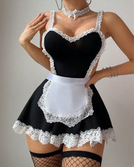 Lace Patchwork Open Back Maid Uniform Lingerie Set