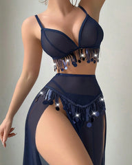 Sheer Mesh Tassel-decorated Deep V-neck Top and High-slit Long Skirt Lingerie Set