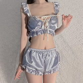 Relax Satin Pajama Set Ruffled Lace-Up Crop Top and Pumpkin Shorts