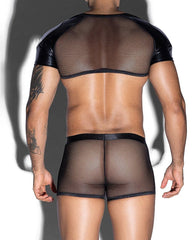 Men's Leather Mesh Patchwork Hollow-Out See-Through Lingerie Set