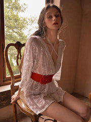 Rose Appliqué Sheer Lace Kimono Robe
