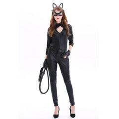 Adult Catwoman Outfit Black Batwoman Costume Wet Look Chest Cut Out Jumpsuit