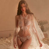 Applique Teddy with Sheer Mesh Kimono Robe Guipure Lace Bodysuit Lingerie