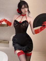Sheer Mesh Chinese Dress with Apron