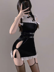 Black Velvet High Slit Cheongsam