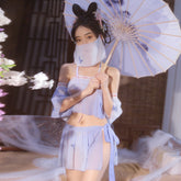 Chinese Elf Costume Purple Vintage Chiffon Halter Crop Top Slit Skirt and Panty
