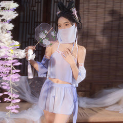 Chinese Elf Costume Purple Vintage Chiffon Halter Crop Top Slit Skirt and Panty