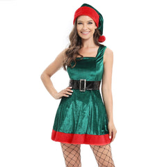 Elf Costume Green Velvet Santa Claus Outfits Lace Up Mini Babydoll Dress