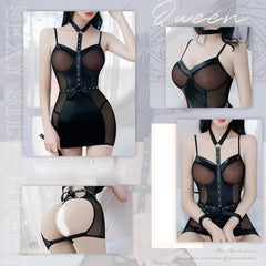 Exotic Lingerie Set Wet Look Bodycon Dress with Harness Sheer Mesh Backless Lingerie Dress